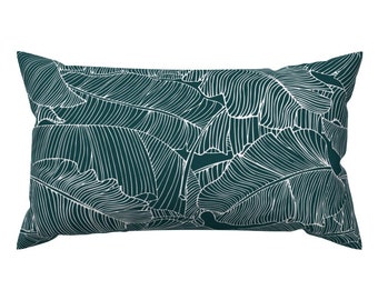 Moody Tropical Accent Pillow - Banana Leaf by shellyturnerdesigns - Dark Teal Botanical  Rectangle Lumbar Throw Pillow by Spoonflower