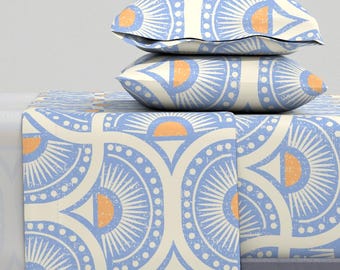 Blue Geometric Sheets - Rising Sun by chiara_de_david - Mid Century Modern Retro 1960s Cotton Sateen Sheet Set Bedding by Spoonflower