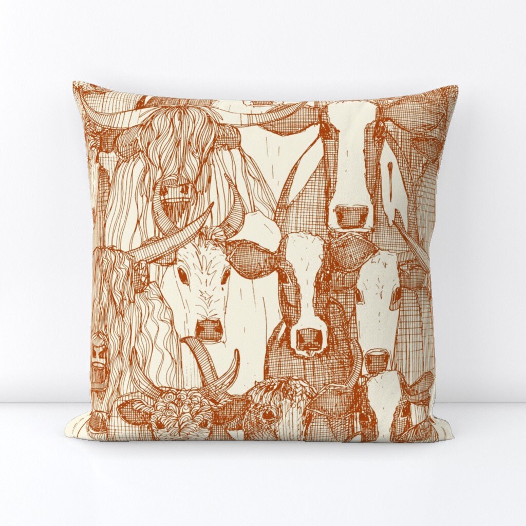 オレンジ色の牛のクッション - ファームハウスの牛、さび色のバーント
