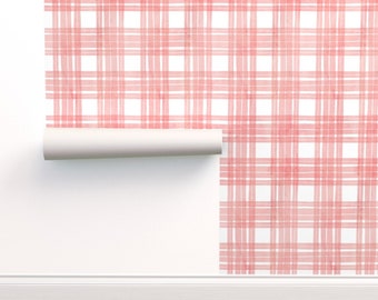 Peach Blush Plaid Commercial Grade Wallpaper - Peach Pink Check by adenaj - Watercolor Check Wallpaper Double Roll by Spoonflower