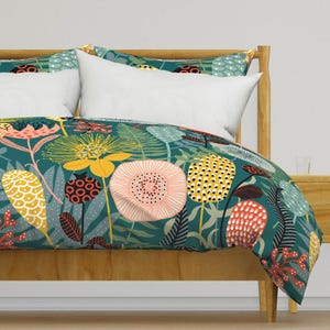 Garden Bedding - Large Retro Garden Midnight by hnldesigns - Retro Modern Florals  Cotton Sateen Duvet Cover OR Pillow Shams by Spoonflower