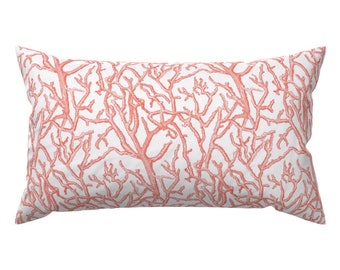 Coastal Accent Pillow - Coral Branches Pink And White by creativehorizons - Nautical Summer  Rectangle Lumbar Throw Pillow by Spoonflower