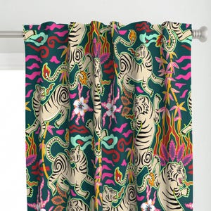 Dark Teal Curtain Panel - Bright Flaming Tigers by misentangledvision - Jumbo Scale Chinoiserie Kitsch Custom Curtain Panel by Spoonflower
