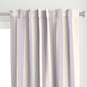 May include: A pair of lavender and white striped curtains with a subtle sheen. The curtains are hung on a silver curtain rod.