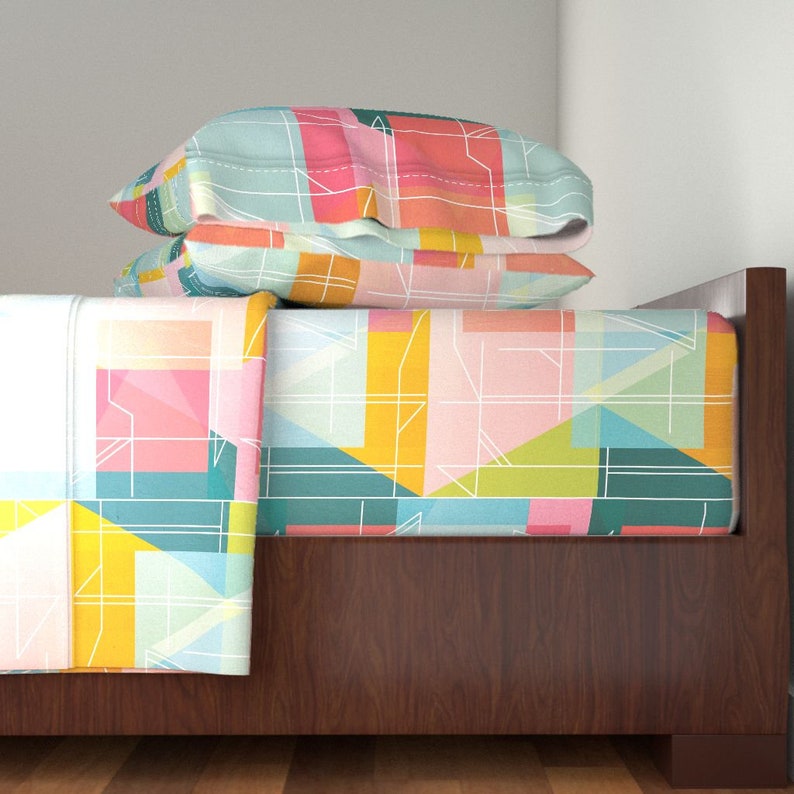 Midcentury Modern Cotton Sateen Sheet Set Bedding by Spoonflower Midcentury Abstract by jenflorentine Bright Pastel 1950s Sheets