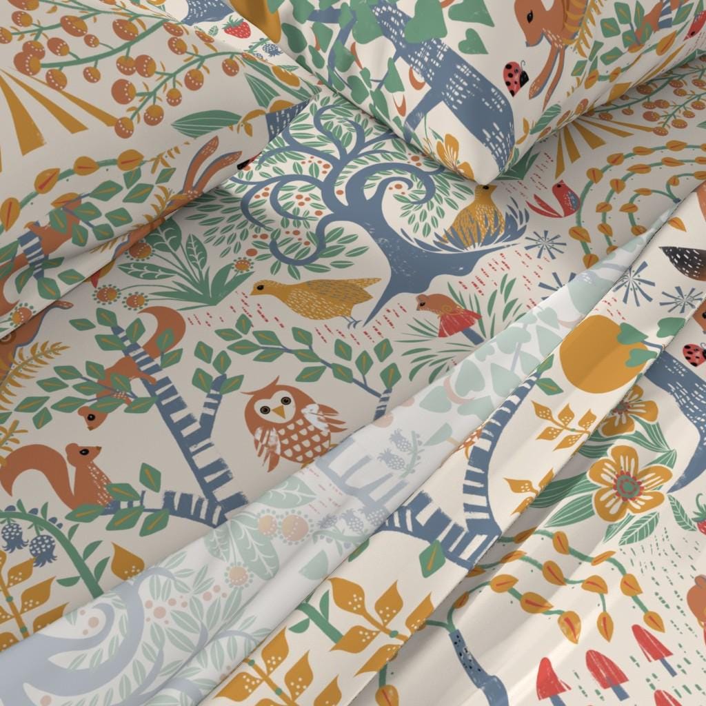 Woodland Sheets - Folk Forest by Landmink - Block Print Fox Owl Rabbit ...