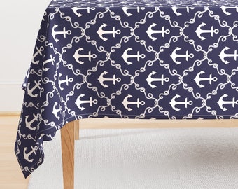 Anchors Tablecloth - Anchor Damask Navy by mjmstudio - Classic Nautical Beach House Decor Navy Rope Cotton Sateen Tablecloth by Spoonflower