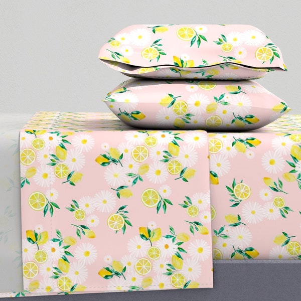 Spring Sheets - Watercolor Lemons And Daisies Pink  by claudiaorengo - Floral Fruit Lemonade  Cotton Sateen Sheet Set Bedding by Spoonflower