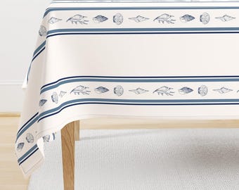 Preppy Coastal Tablecloth - Seashell Stripes by yara_dutra - Blue Shell Traditional Classic Cotton Sateen Tablecloth by Spoonflower