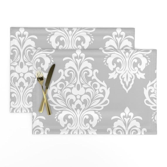 White Sheets Modern Damask by ciel/_bleu/_design Gray Antique Traditional Classic Silver Cotton Sateen Sheet Set Bedding by Spoonflower