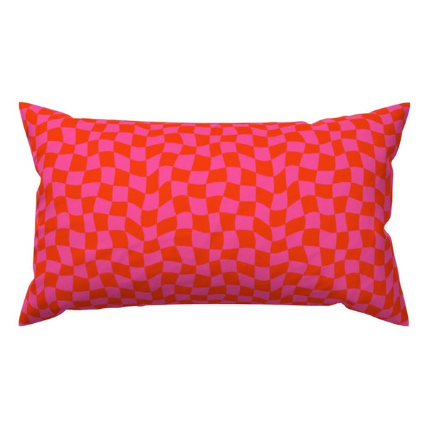 Bright Retro Check Accent Pillow - Wavy Check Pink by jenwebbcreates -  Orange Red Hot Pink Rectangle Lumbar Throw Pillow by Spoonflower
