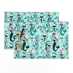 Aqua Retro Mermaids Placemats (Set of 2) - Martini Mermaids by miss_fluff - Teal Pinup Girls Vintage Inspired Cloth Placemats by Spoonflower