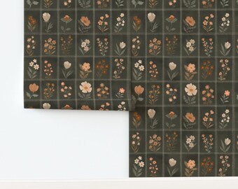 Cottagecore Non-Pasted Wallpaper Gothic Moody Floral Bohemian Botanical Meadow - Meadow Floral Grid by taranealart Wallpaper by Spoonflower