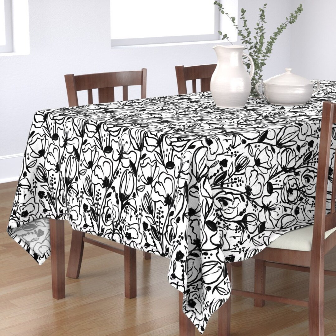 Black and White Tablecloth Black &amp; White Floral Sketch by - Etsy