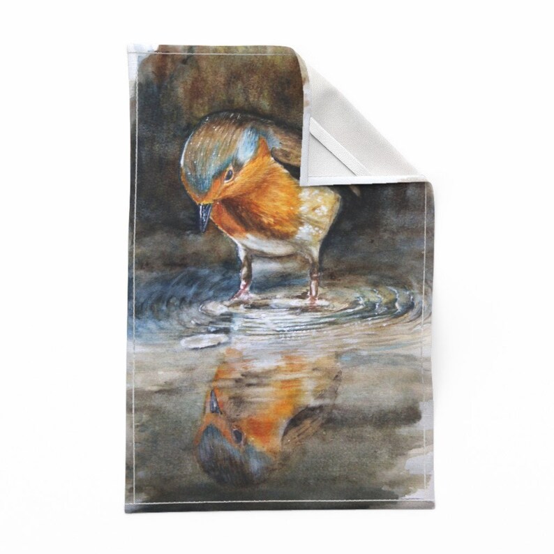 Bird Lovers Nature Art Garden Linen Cotton Canvas Tea Towel by Spoonflower Little Cute Robin Watercolor by fvo/_design Bird Tea Towel
