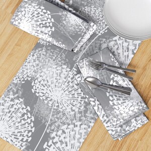 Large Scale Floral Table Runner - White Flowers Modern Gray Dandelion Cotton Sateen Table Runner - Gray Dandelions by chicca_besso image 3