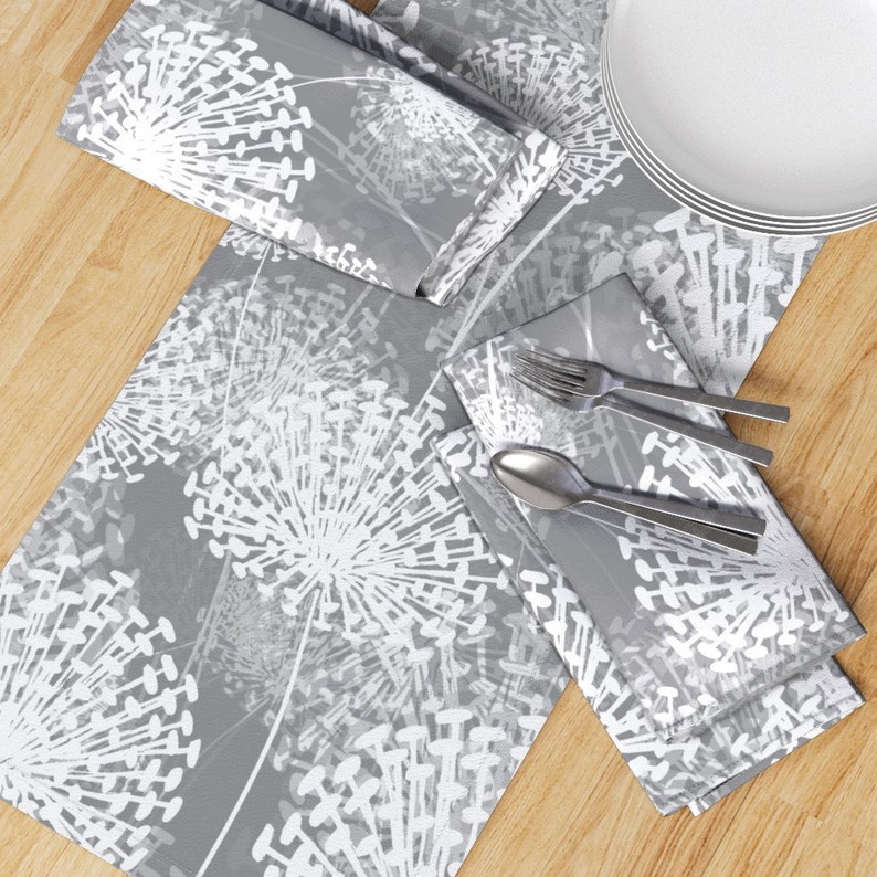 Large Scale Floral Table Runner - White Flowers Modern Gray Dandelion Cotton Sateen Table Runner - Gray Dandelions by chicca_besso image 3