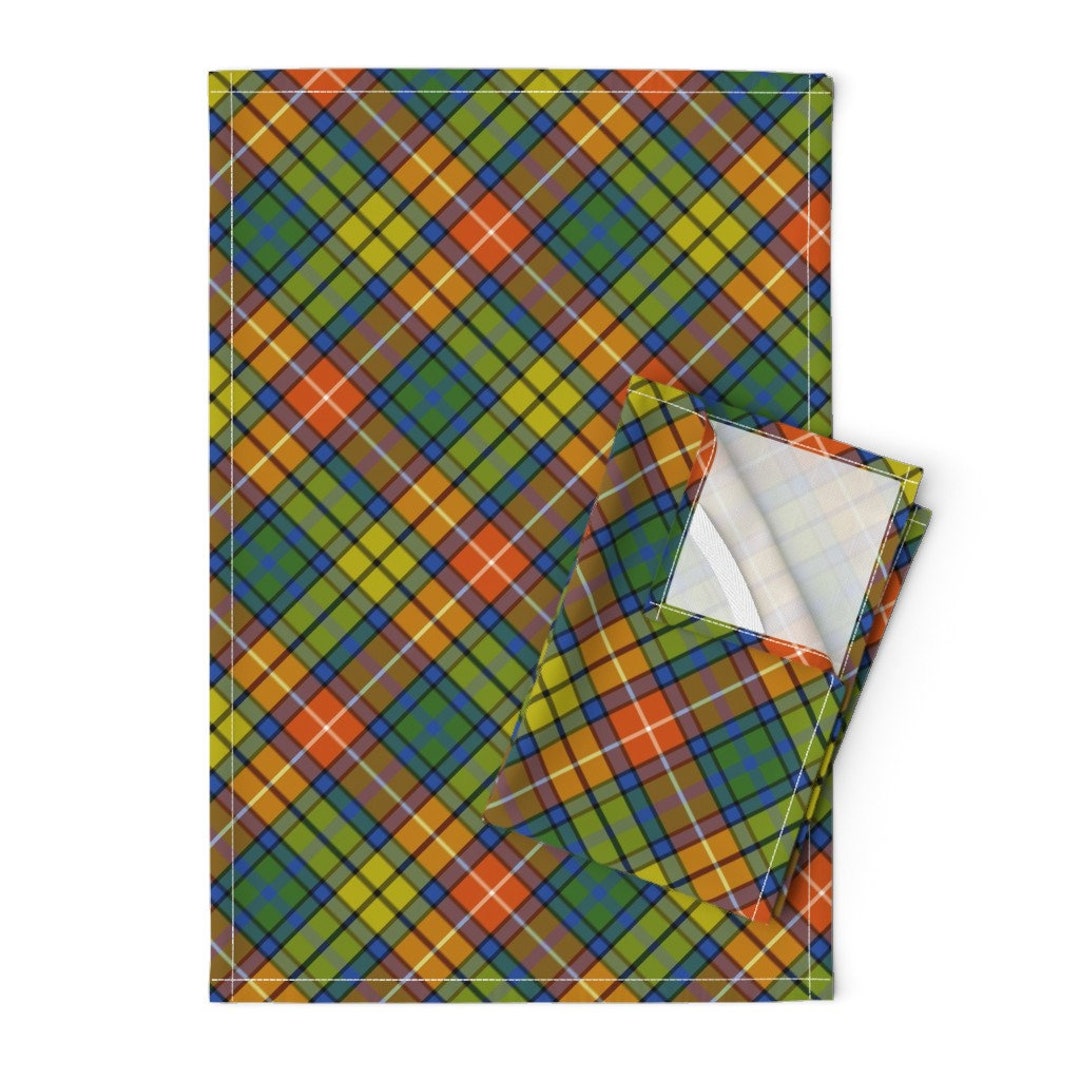 Tartan Tea Towels set of 2 Buchanan Tartan by Weavingmajor Scottish Plaid Orange Yellow Green