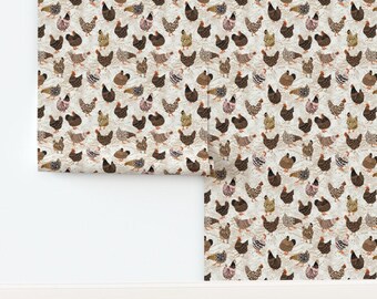 Farmhouse Hens Non-Pasted Wallpaper Barnyard Earth Tones Neutral Chickens Shabby Chic - Chickens by design_dannick Wallpaper by Spoonflower