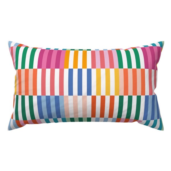 Bright Stripes Accent Pillow - Party Stripe Block by honeyhaze - Checkerboard Dopamine Colorful Rectangle Lumbar Throw Pillow by Spoonflower