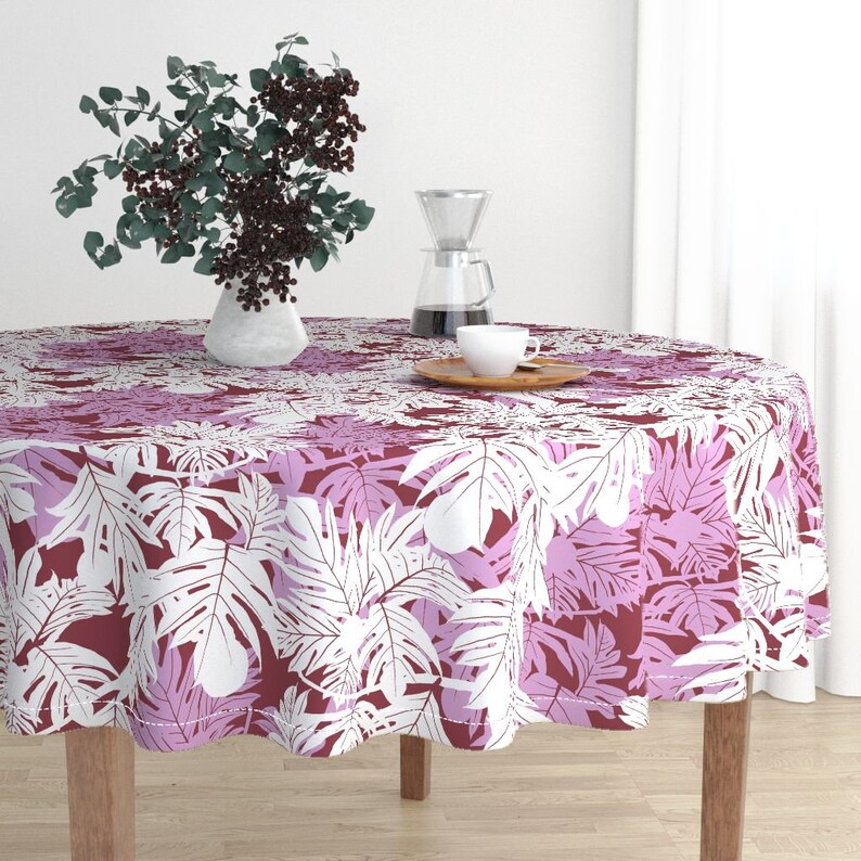 Modern Tropical Round Tablecloth Hula /'ulu White Orchid On Burgundy Jumbo by kadyson Palm Cotton Sateen Circle Tablecloth by Spoonflower
