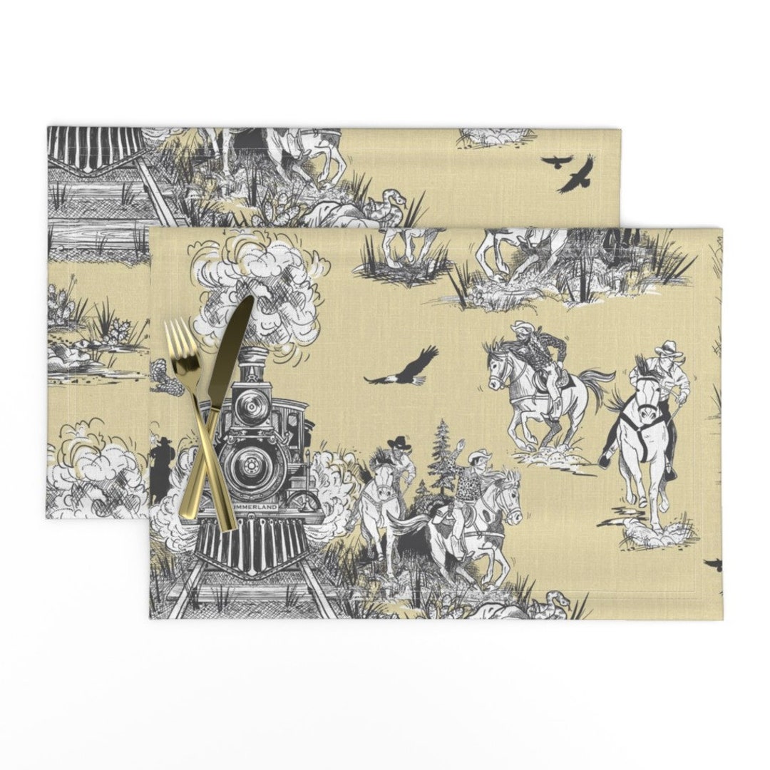 Yellow Placemats set of 2 Train Robbery Toile by Stacystudios Train