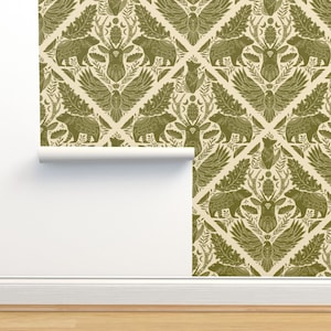 Woodland Animals Non-Pasted Wallpaper - Wildlife Damask by ozdebayer - Modern Rustic Forest Life Wallpaper Double Roll by Spoonflower