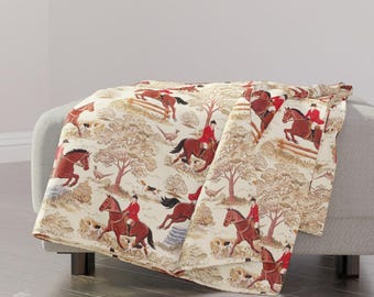 Horses Throw Blanket - Hunting Fox Hunt Toile English Countryside Rustic Throw Blanket - Equestrian Countryside Toile by whimsical_brush