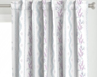 Cottagecore Curtain Panel - Emma Stripe Lilac by danika_herrick -  Floral Stripe Botanical Purple Blue Custom Curtain Panel by Spoonflower