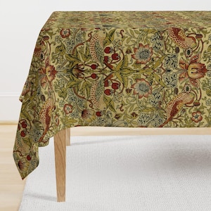 Victorian Tablecloth - Strawberry Thief by peacoquettedesigns - Vines Birds Botanical Damask Cotton Sateen Tablecloth by Spoonflower