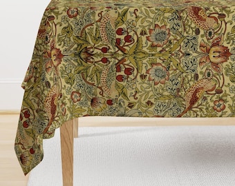 Victorian Tablecloth - Strawberry Thief by peacoquettedesigns - Vines Birds Botanical Damask Cotton Sateen Tablecloth by Spoonflower