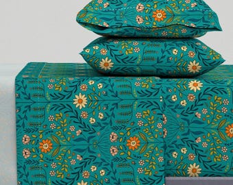 Vintage Damask Sheets - Brittany Turquoise by scarlet_soleil - Folk Floral Vintage Flowers Cotton Sateen Sheet Set Bedding by Spoonflower