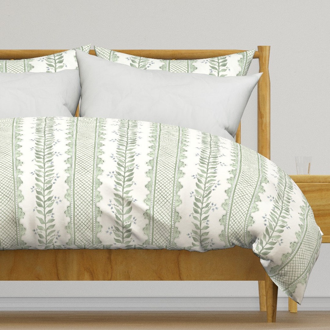Sage Green Stripe Duvet Cover Celia on Cream by Etsy