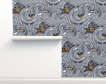 Sea Adventure Non-Pasted Wallpaper Blue Japanese Wallpaper Home Decor - Hi Hokusai by patricia_lima Wallpaper Double Roll by Spoonflower
