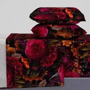 Moody Floral Sheets - Antique Painted Roses by utart - Gothic Flower Maximalist Bouquet Cotton Sateen Sheet Set Bedding by Spoonflower