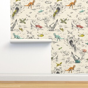 Hand Drawn Toile Non-Pasted Wallpaper - Adventure Toile_retro by pattern_state - Wallpaper Dinosaur Wallpaper Double Roll by Spoonflower