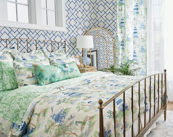 Chinoiserie Cotton Bedding Collection - Maximalist Blue Toile Pagoda Forest Green Trellis Printed Duvet Cover, Sheet Set, and Pillow Shams