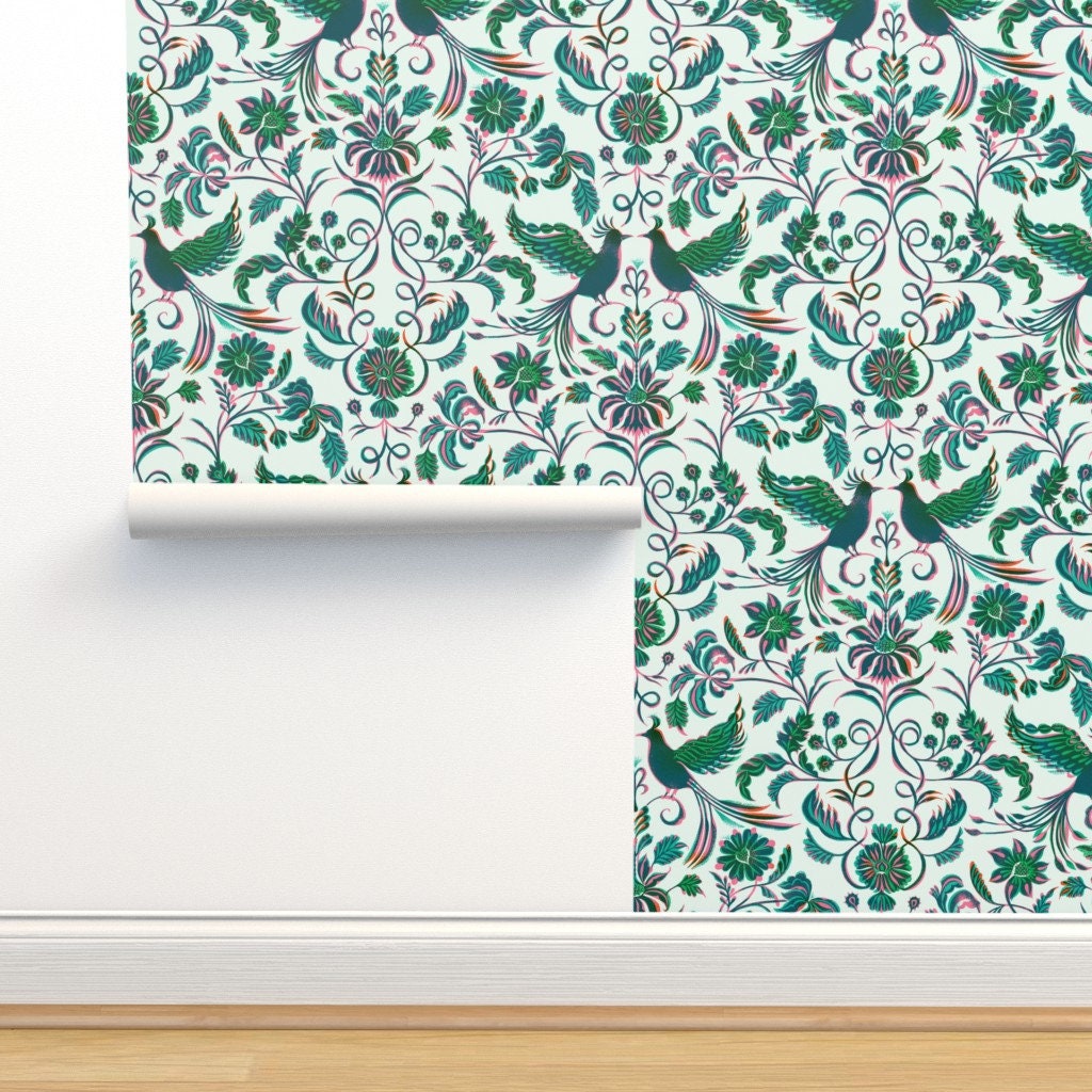 Jade Floral Non-Pasted Wallpaper - Tropical Damask by asta_barrington - Mint Green Pink Jungle Birds Wallpaper Double Roll by Spoonflower