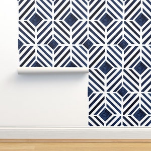 Indigo Watercolor Non-Pasted Wallpaper - Geo Stripe Indigo by crystal_walen - Geometric Wallpaper Double Roll by Spoonflower