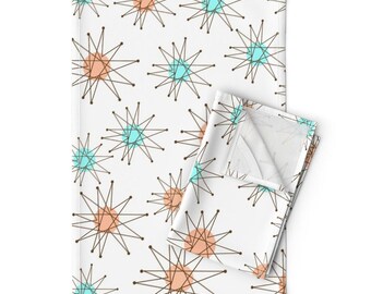 Mid Century Tea Towels Set of 2 - Starburst Mid-century Modern Atomic Era Vintage Starburst Linen Cotton - Starburst Pattern  by hot4tees_bg