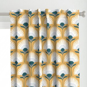 Mid Century Palm Curtain Panel - Aara Palm by scarlet_soleil - Mustard Gold Teal Cream 1920s Art Deco Custom Curtain Panel by Spoonflower