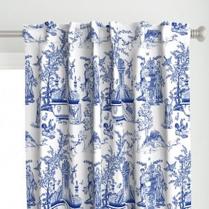 Classical Toile Curtain Panel - Garden Toile by chicca_besso - Indigo Blue Traditional Blue And White Custom Curtain Panel by Spoonflower
