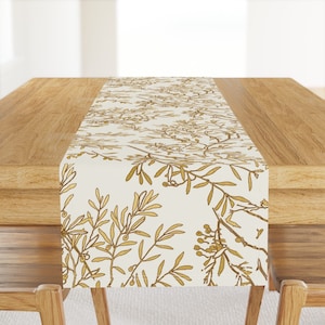 Ivory Chinoiserie Table Runner - Mustard Branches by etienne - Gold Leaves Olive Leaves Cotton Sateen Table Runner by Spoonflower