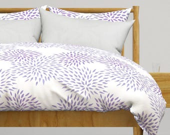 Mums Bedding - Summer Mums In Lilac  by domesticate - Lilac Purple Lavender White Cotton Sateen Duvet Cover OR Pillow Shams by Spoonflower