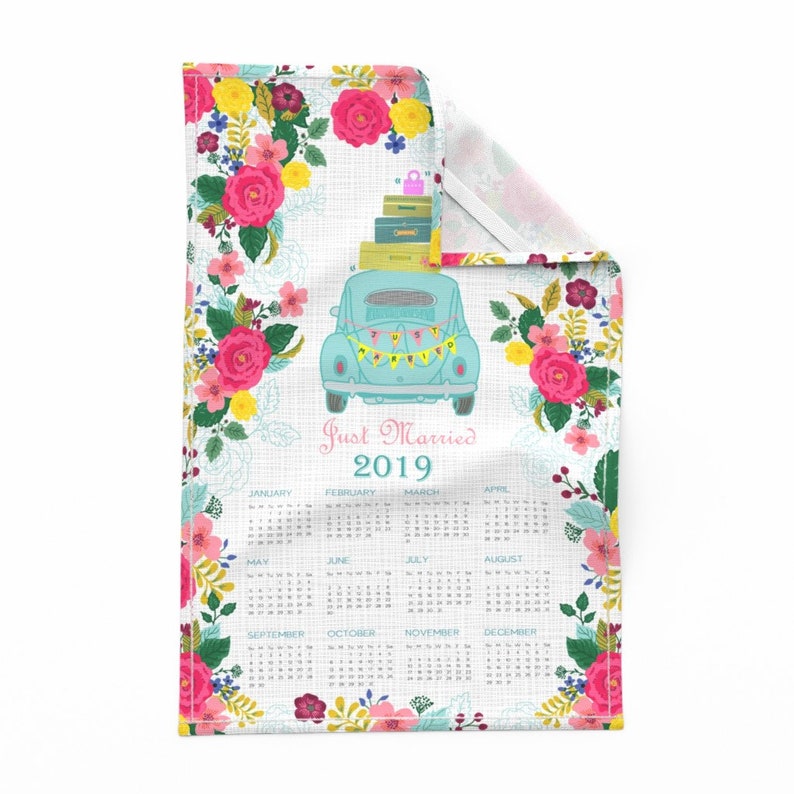 Romance Wedding Calendar Linen Cotton Canvas Tea Towel by Spoonflower Vintage Tea Towel 2019 Just Married Vw Calendar by honoluludesign