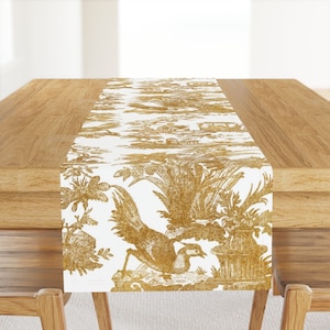 Toile Table Runner - Chinoiserie Toile by peacoquettedesigns - Chinoiserie Asian Gold White Cotton Sateen Table Runner by Spoonflower