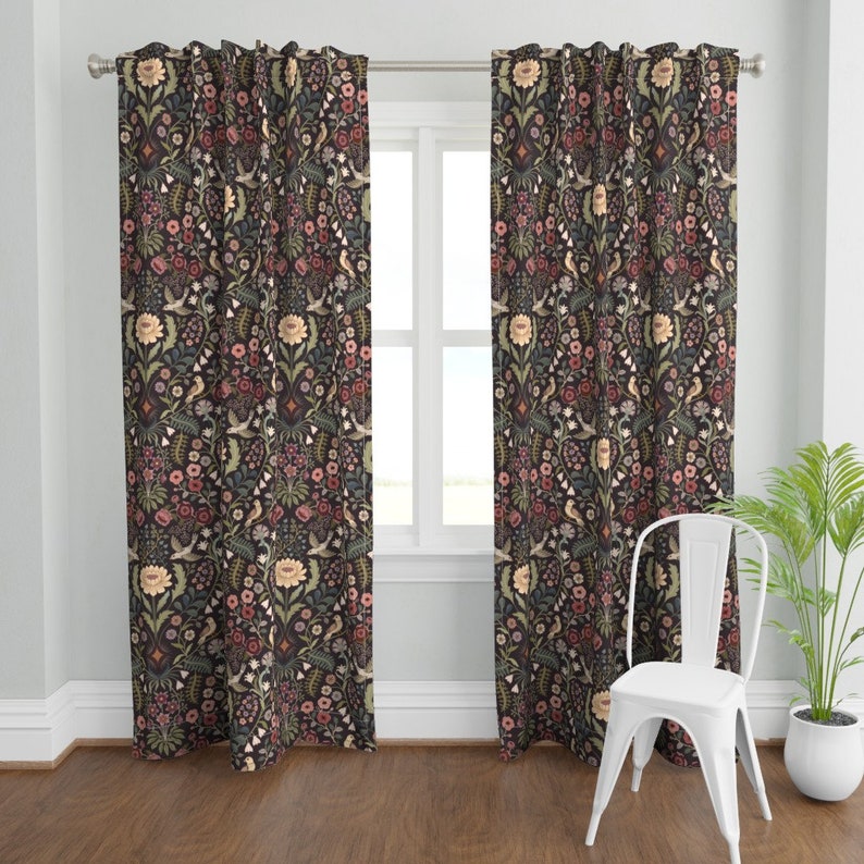 Traditional Floral Curtain Panel Lively Garden by misentangledvision Folk Art Birds Victorian Custom Curtain Panel by Spoonflower image 2