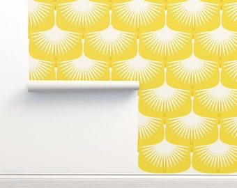 Mod Swans Yellow Commercial Grade Wallpaper - Art Deco Swans Sunlight door katerhees - Retro Midcentury Wallpaper Double Roll door Spoonflower