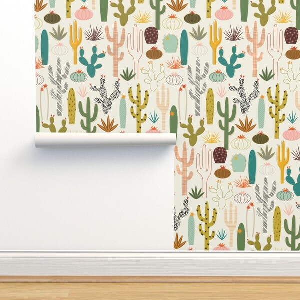 Midcentury Modern Commercial Grade Wallpaper - Mod Desert Garden by katerhees - Cactus Desert Garden  Wallpaper Double Roll by Spoonflower