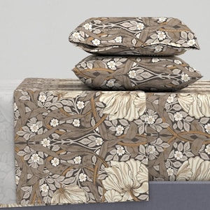 William Morris Sheets - Large Cocoa Pimpernel  by whimsy&mojo - Vintage Neutral Victorian Cotton Sateen Sheet Set Bedding by Spoonflower
